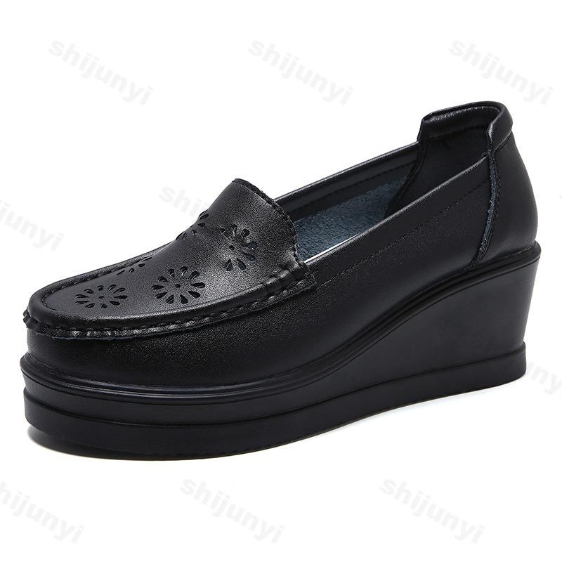 Fashion Women Wedge Platform Shoes 2025 Summer Fashion Comfortable Leather Casual Slip-on Women's Loafers Hollow Out Breathable Shoes