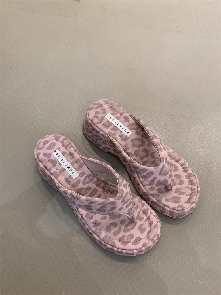 Sweet Leopard Print High-heeled Flip-flops 2025 New French Temperament Elegant with Skirt Toe Thick Bottom Cool Slippers