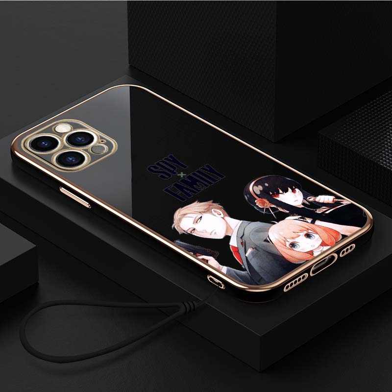 Luxusní pokovené TPU pouzdro na telefon se šňůrkou pro iPhone 6 6s 7 8 Plus SE XR XS 11 12 13 14 15 Pro Max měkké pouzdro A34 Spy X Family Anime Cover