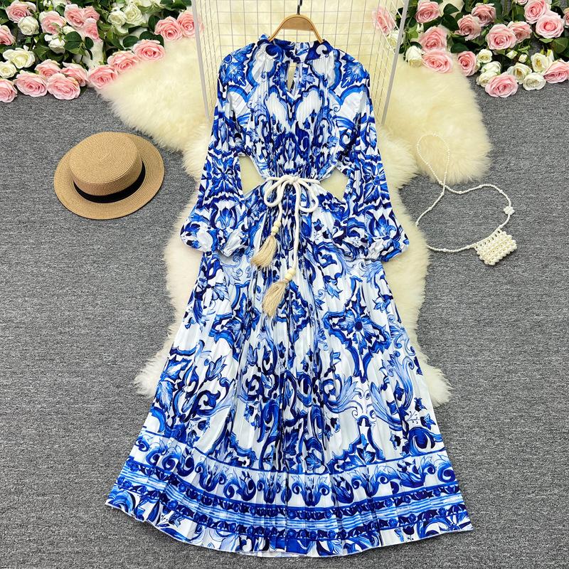 

YYFS Женская мода весна осень цветочный узор принт длинный рукав О-образный вырез высокая талия повседневные платья One size