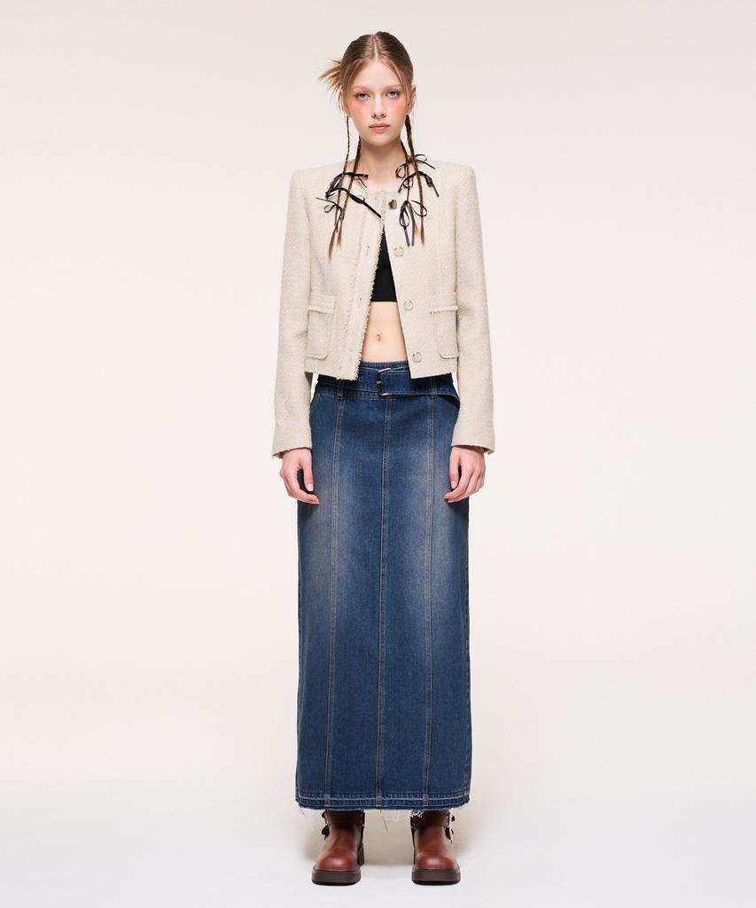 Etmont Wide Belt Long Denim Skirt, Blue