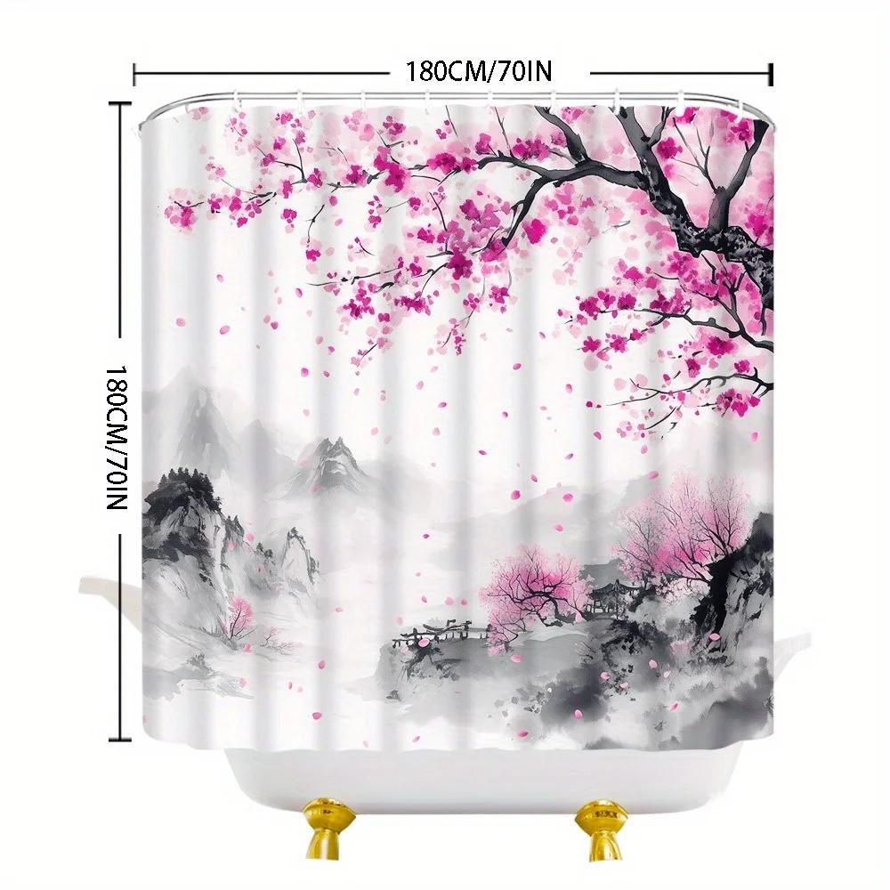 Kirschblütenberg Duschvorhang - Aquarell-Design mit rosa Blüten, Hügeln & Pagode, Weiche Rosa- & Graupalette