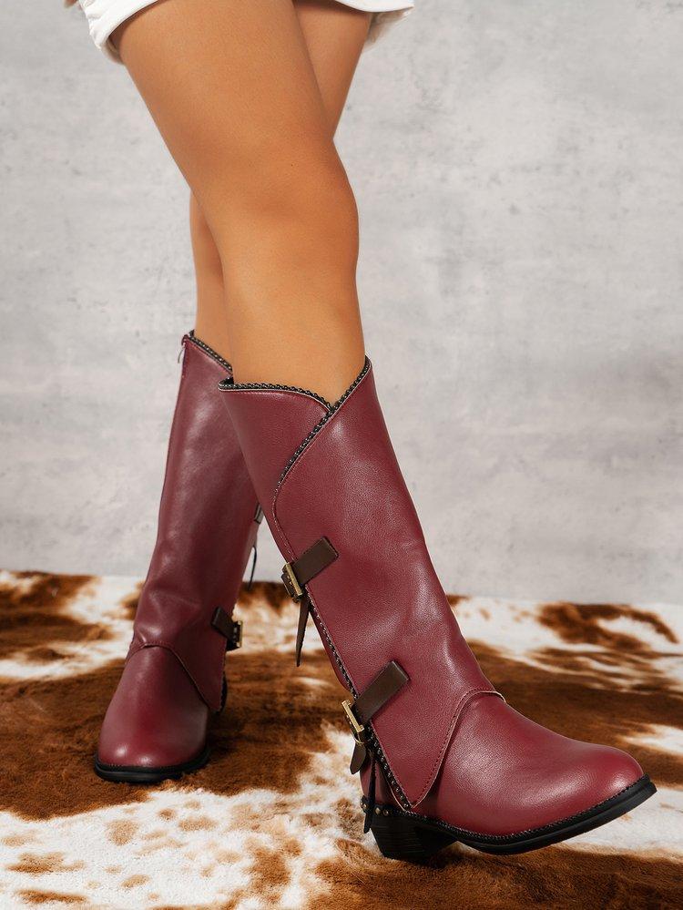 

Large size square and knight women s boots autumn and winter new leather women s boots metal buckle strap 43 бордовый