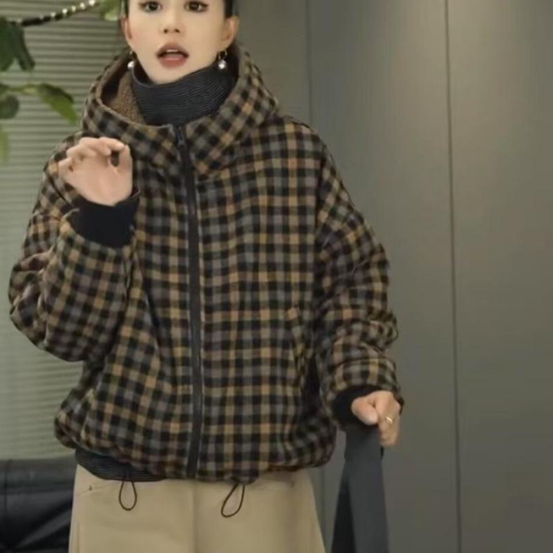 Women s Stylish Winter Plaid Hooded Cotton Coat with Plus Velvet 2XL жёлтый/хаки