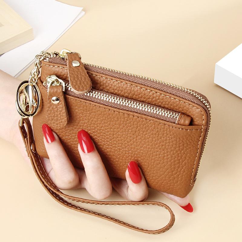 Women's Genuine Leather Mini Wallet Multi-Card Slots Coin Pouch with Keychain Handheld Zip Change Purse Stylish Compact Daily Accessory for Ladies