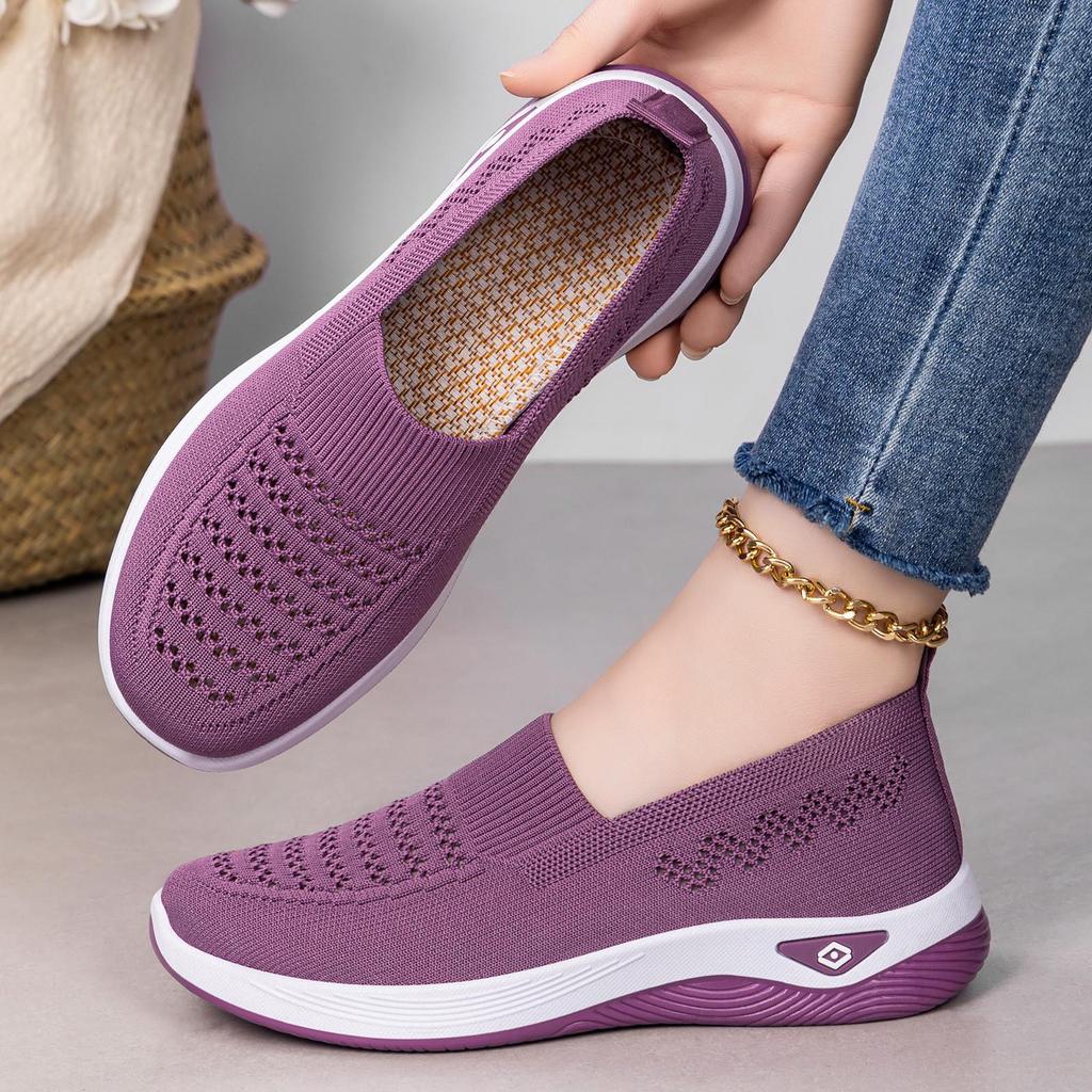 Women's Flyknit Breathable Casual Flat Shoes - Large Size Versatile Solid Color