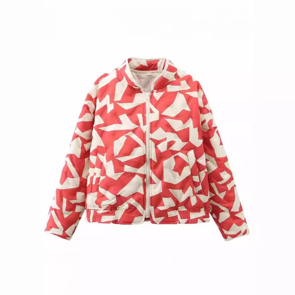 Nuovo Prodotto Stampato Imbottito con Cerniera Cappotto Francese Imbottito in Cotone Sottile Cappotto Imbottito in Cotone Largo a Maniche Lunghe Abbigliamento Corto in Cotone Goffrato da Donna