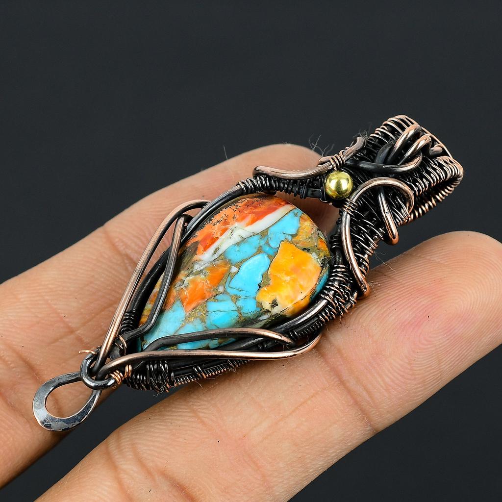 Natürlicher Stachelige Auster Edelstein Handgefertigter Kupferdraht Wickel Anhänger 2,25" q6t60