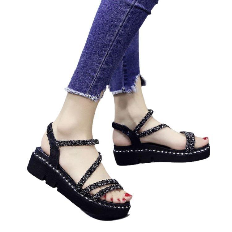 Sandals women's 2025 summer new Korean version of muffin thick-soled rhinestone versatile one-word buckle student slope heel flat-soled women's shoes