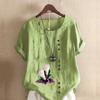 Women's Fashion Round Neck Short Sleeve T-shirt Casual Cotton Linen Graphic Shirt Leisure Loose Flowers Prined Summer Blouse Tops