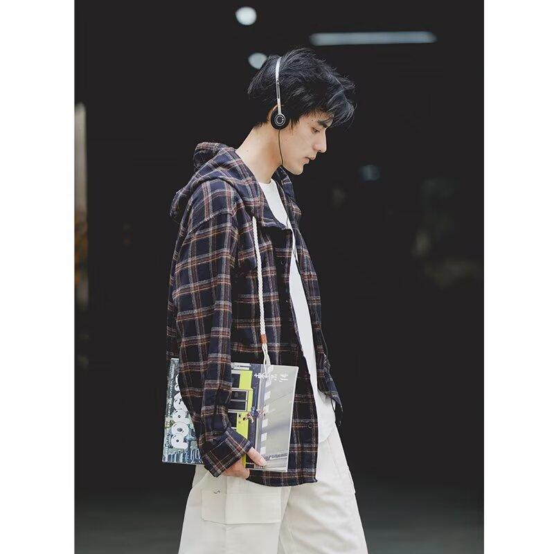 Retro podzimní košile v japonském stylu Pánská hnědá Oblečení pro kluky Kostkované oblečení Dospívající Dlouhý rukáv S kapucí