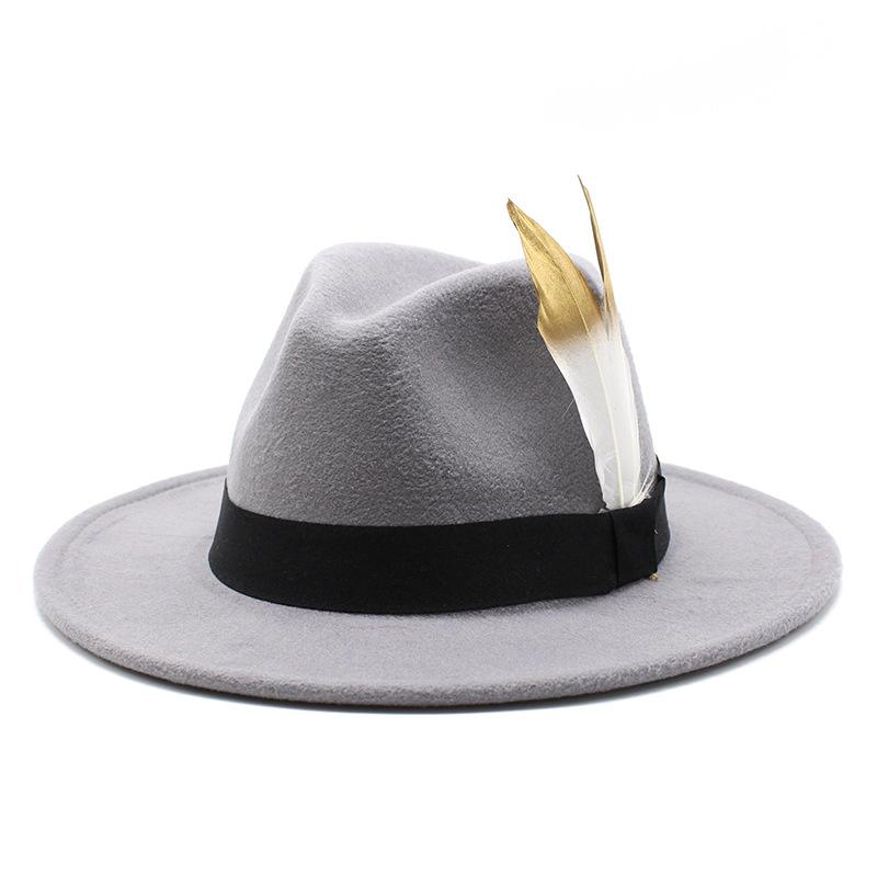 Trendy Wide-Brimmed Hat Woolen Top Hat Versatile Feather Flat Edge Jazz Hat British Style