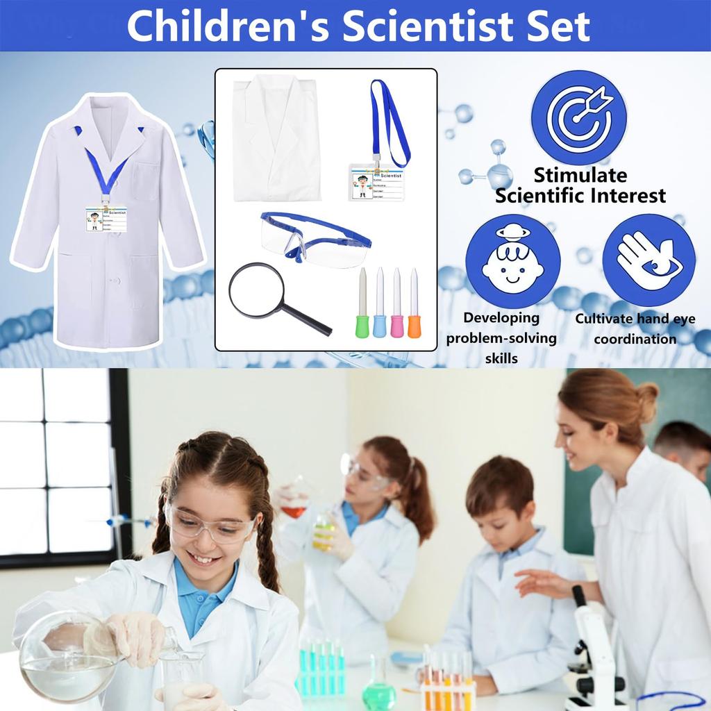 Apparlxer Dokter Cosplay Wetenschapper Kostuum voor Kinderen, Witte Jas, Labjas, Veiligheidsbril, Druppelaar, ID-kaart, Naamplaatje, Halloween, Theater, Evenementen,