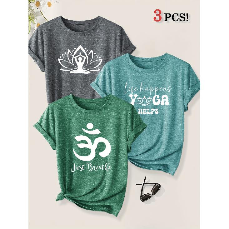 3er-Pack Yoga Meditation Figur Lotus Symbol Aufdruck Damen Kurzarm T-Shirts Sommer Herbst Sport Urlaub Freizeit Oberteile
