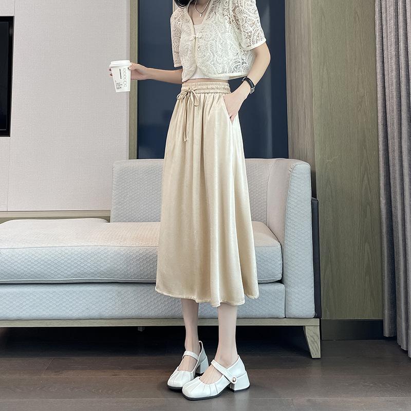 Acetate Satin High-End Feel Midi Skirt Summer New High Waist Draped Petite Straight A-Line Skirt