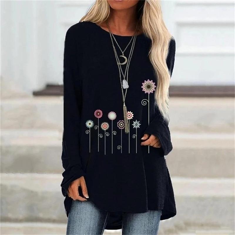 Ladies Flowers Printed Round Neck Long Sleeves Plus Size Cotton Tunic Loose T-Shirt Summer New Casual Fashion Women Clothing