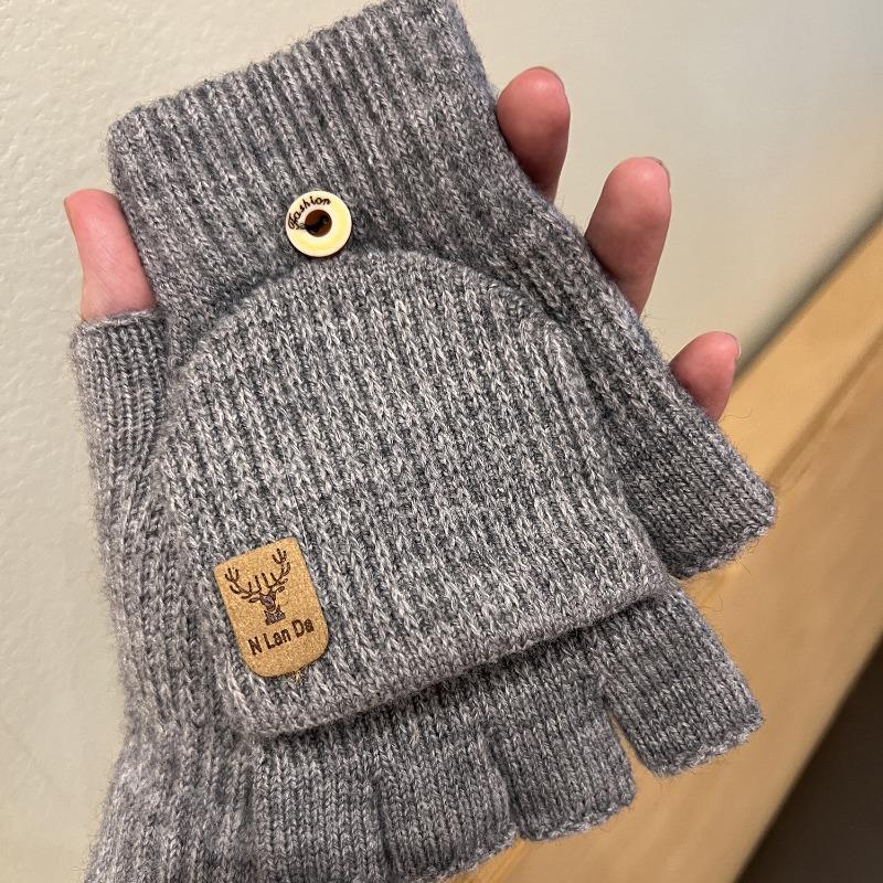 Open finger can be flipped half finger white plush gloves female autumn and winter thickened warm student writing riding