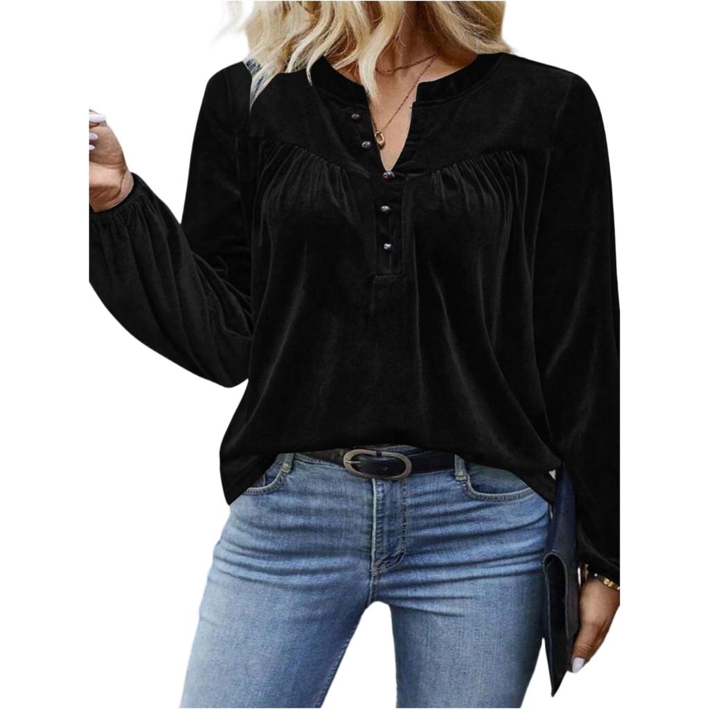 Women's Color V,Neck Casual Elegant Button Long,Sleeve Blouse
