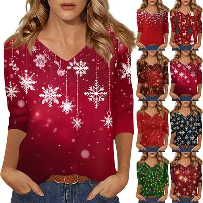 Damen T-Shirt Weihnachtsdruck 3/4 Ärmel Täglich Wochenende Mode Basic V-Ausschnitt Reguläres Oberteil