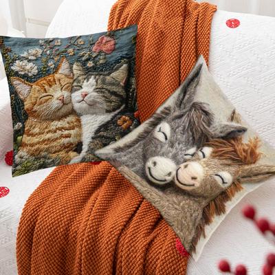 Cushion Cover Embroidered Animal Print Hidden Zipper Replaceable Design Sofa Pillowcase Home Living Room Bedroom Office Decor