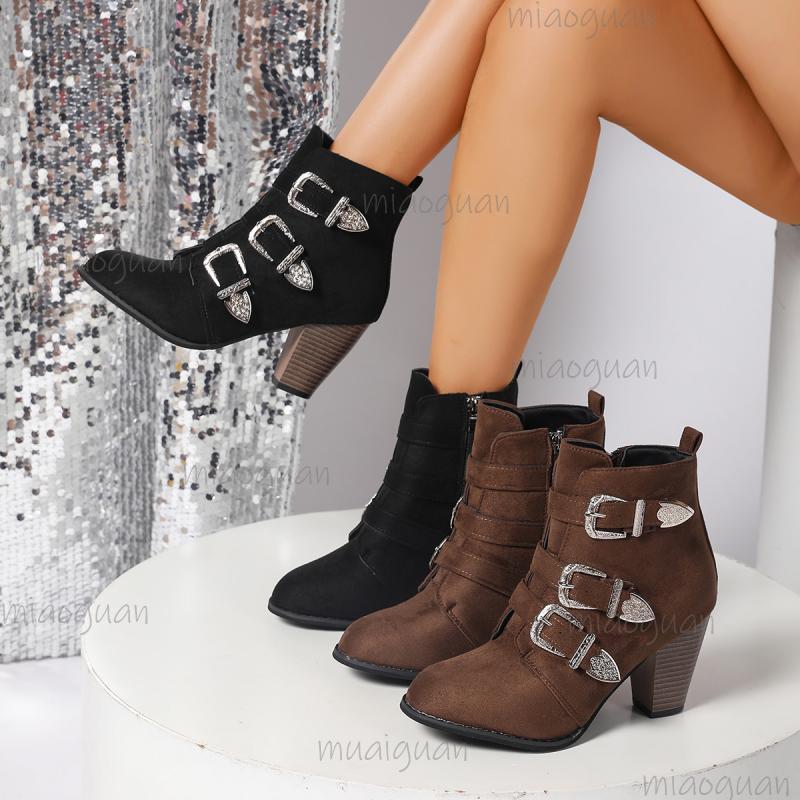 Fashion Fashion Design Metal Buckle Decor Ankle Boots Women 2025 Autumn Point Toe Side Zip Western Booties PU Suede High Heel Boots