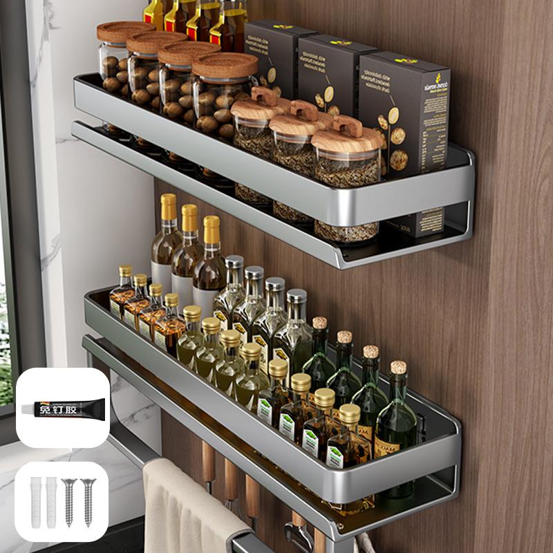 Heavy Duty Carbon Steel No Drill Wall Mount Kitchen Rack Adjustable Spice Organizer Shelf for Bottle Tool Storage Household