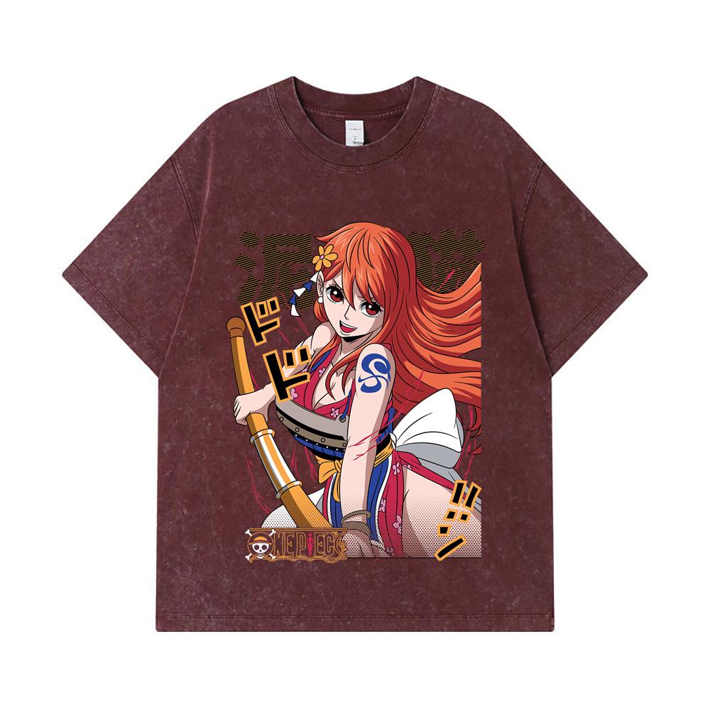 275 GSM Washed T-shirts 100% Cotton One Piece V41 Nami Print Unisex Heavy Cotton T Shirt