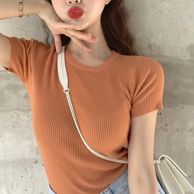 Fashion Avocado Green Short-sleeved T-shirt Female Spring and Summer Slim Tops Tight Knit Shirt Thin Wind Casual Essential Slim Fit Pullovers Tees