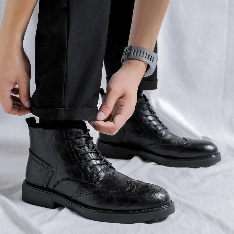 men's fashion genuine leather boots  designer carved brogue shoes black brown cowboy boot party banquet dress ankle botas