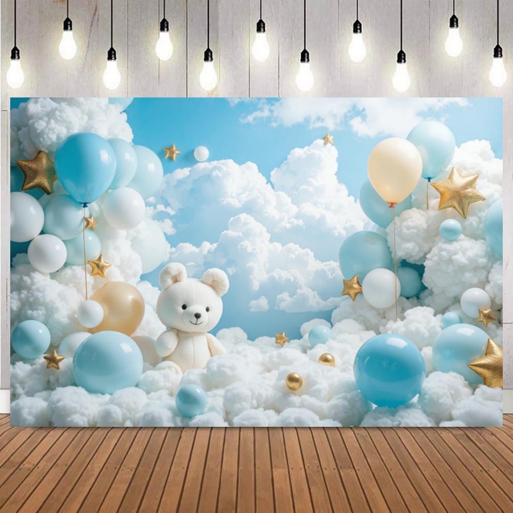 Pink Blue Dreamy Floral Clouds Photo Background Doll Bear Hot Air Balloon Newborn Baby Shower Birthday Party Decor Background14