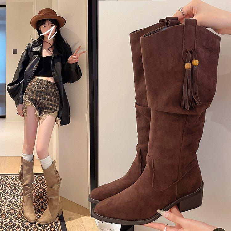 Cowhide version retro western boots women's 2025 new autumn thick-soled knee-length boots pointed tassel stacking boots