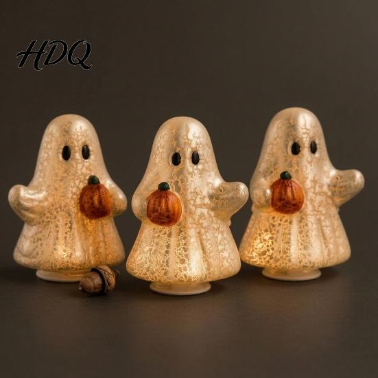 Decorative Figurine for Living Room Light-Up Cute Ghost Resin Figurine Glowing Desktop Ornament Warm LED Luminous Light Halloween Statue Bedroom