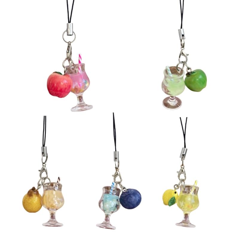 Miniature Drink Cup Keychain with Fruit Pendant Beaded Keyring Bag Accessories Gift for Women and Girls