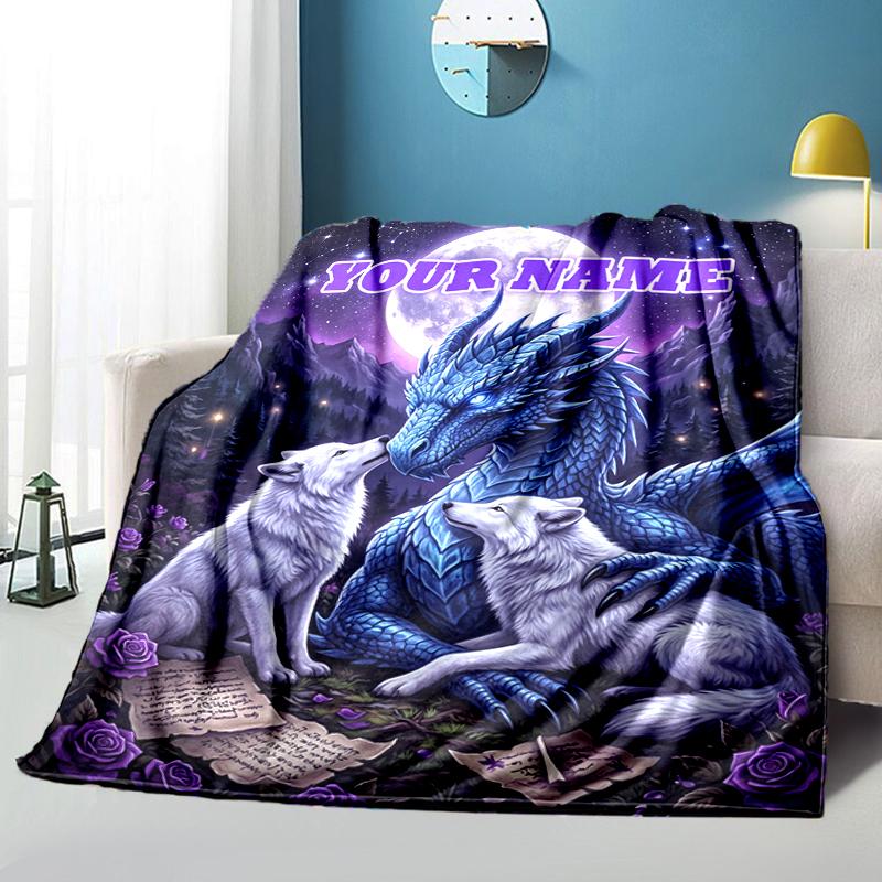 1PC Custom Name Dragon Wolves Moonlight Blanket Versatile,all-season Throw Suitable for the Living Room,bedroom,camping,travel,and Gift