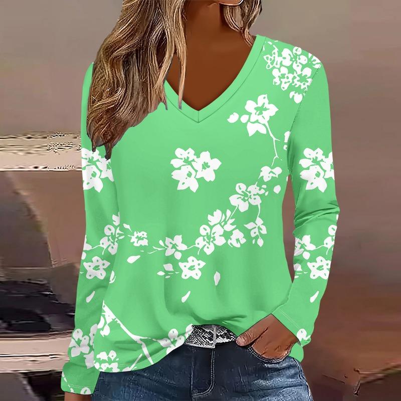 Fashion Flower pattern 3D Print Women V-Neck Long Sleeve T-Shirt Casual Polyester Breathable Women's Clothing Apparel Tops Tees