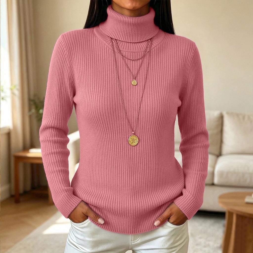 Women's Turtleneck Knit Sweater Long Sleeve Color Pullover for Fall Winter Casual Wear