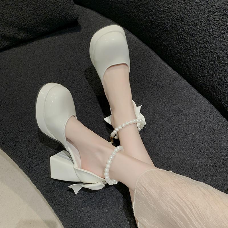 Bow Hollow Block Heel Single Shoes Women's Round Toe Shallow Mouth Pearl Chain Platform Heels