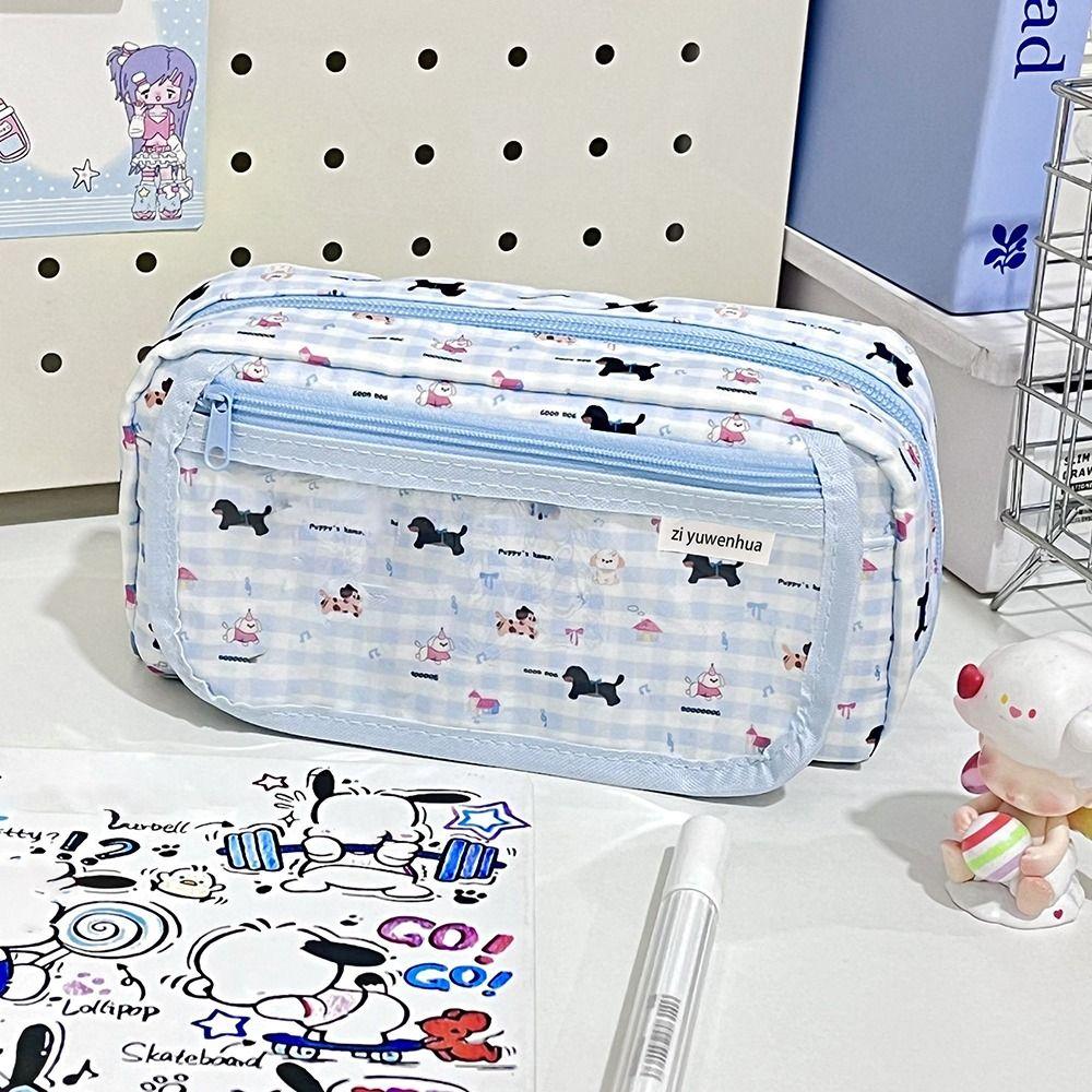 

Blue Plaid Puppy Pen Bag Flip Cosmetic Bag Cute Stationery Bag Students