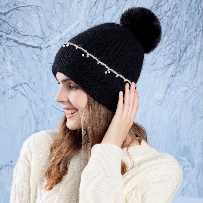 Winter Fur Ball Pearl Pullover Cap Women Outdoor Coldproof Hat Velvet Warm Ear Protection Knitted Wool Cap