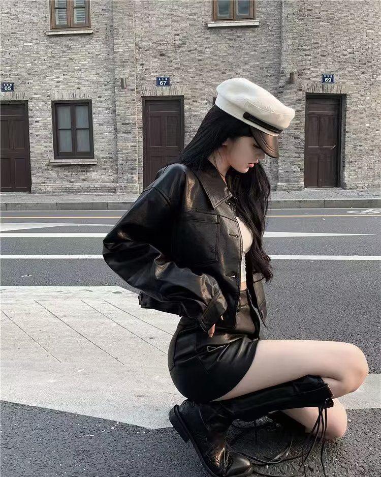 American Spicy Girl PU Leather High-Waisted A-Line Mini Skirt - Slimming, Sexy, Autumn/Winter Hip-Hugging Style for Women