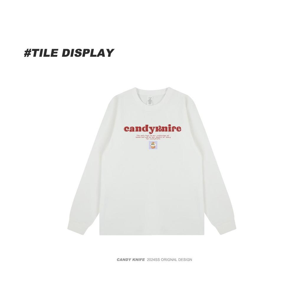 Trendy Retro Hong Kong Style Letter Print Unisex Loose Cuffed Sleeve Cotton Long Sleeve Tee