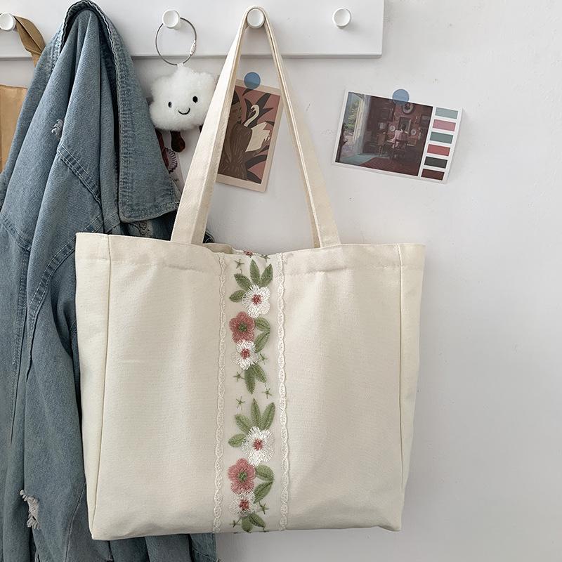 Embroidery Canvas Bag Women Shoulder Simple Travel Yoga Large Capacity Bag