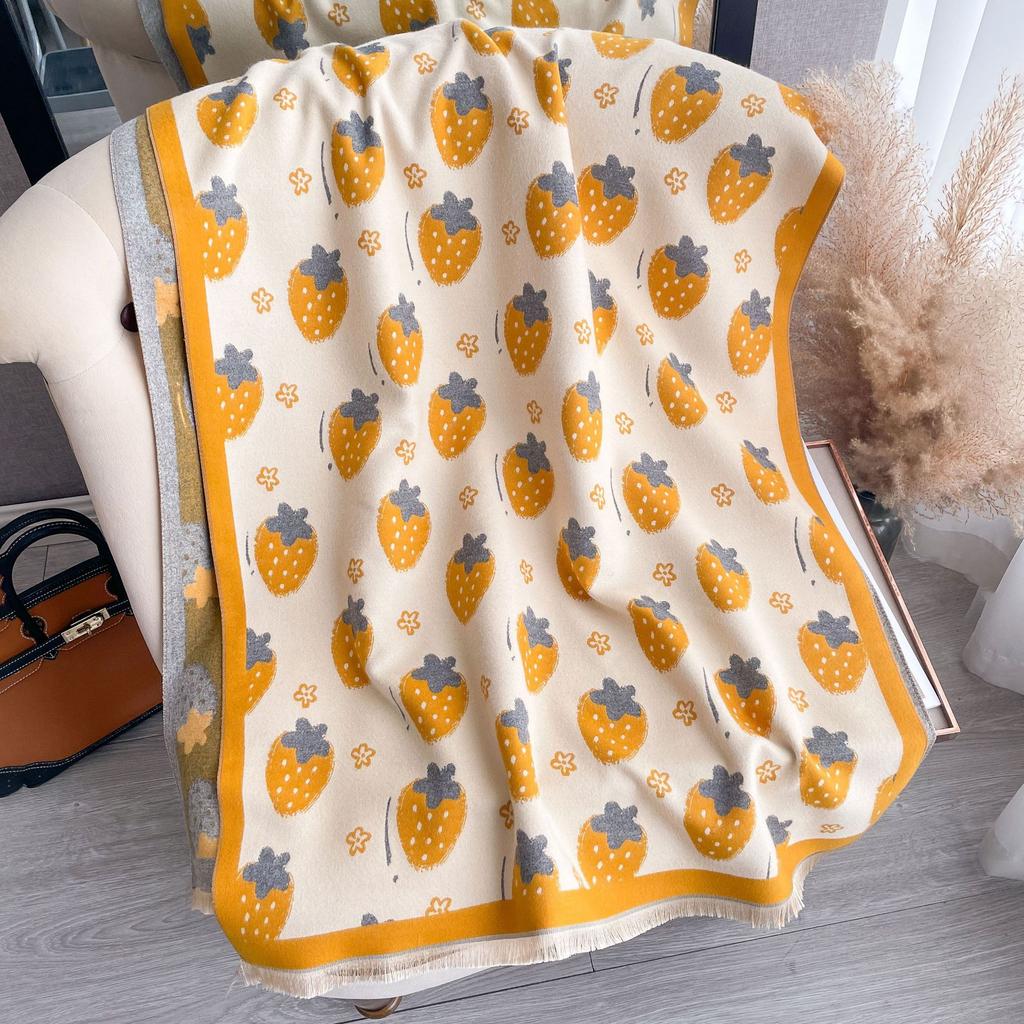 Korean Version Cute Strawberry Imitation Cashmere Scarf Women'S Long Travel Sunscreen Printed Fringed Medium Long Shawl