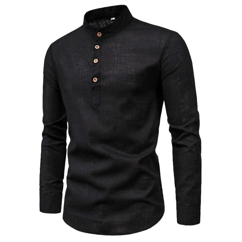 Men's Solid Color Stand Collar Long Sleeve Shirt, Smil Fit Casual and Fashionable Cotton Long Sleeve Henry Shirt