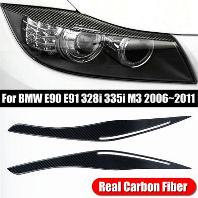 2PCS Front Headlight Cover Head Light Lamp Eyelid Eyebrow Trim ABS For BMW E90 E91 328i 335i 2009-2012 Black Carbon Fiber