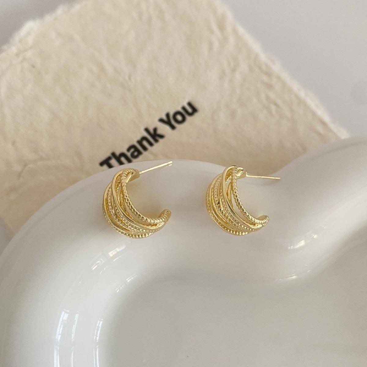 French Gold Plated Multi-layer C-shaped Earrings: Elegant, Minimalist Design Studs