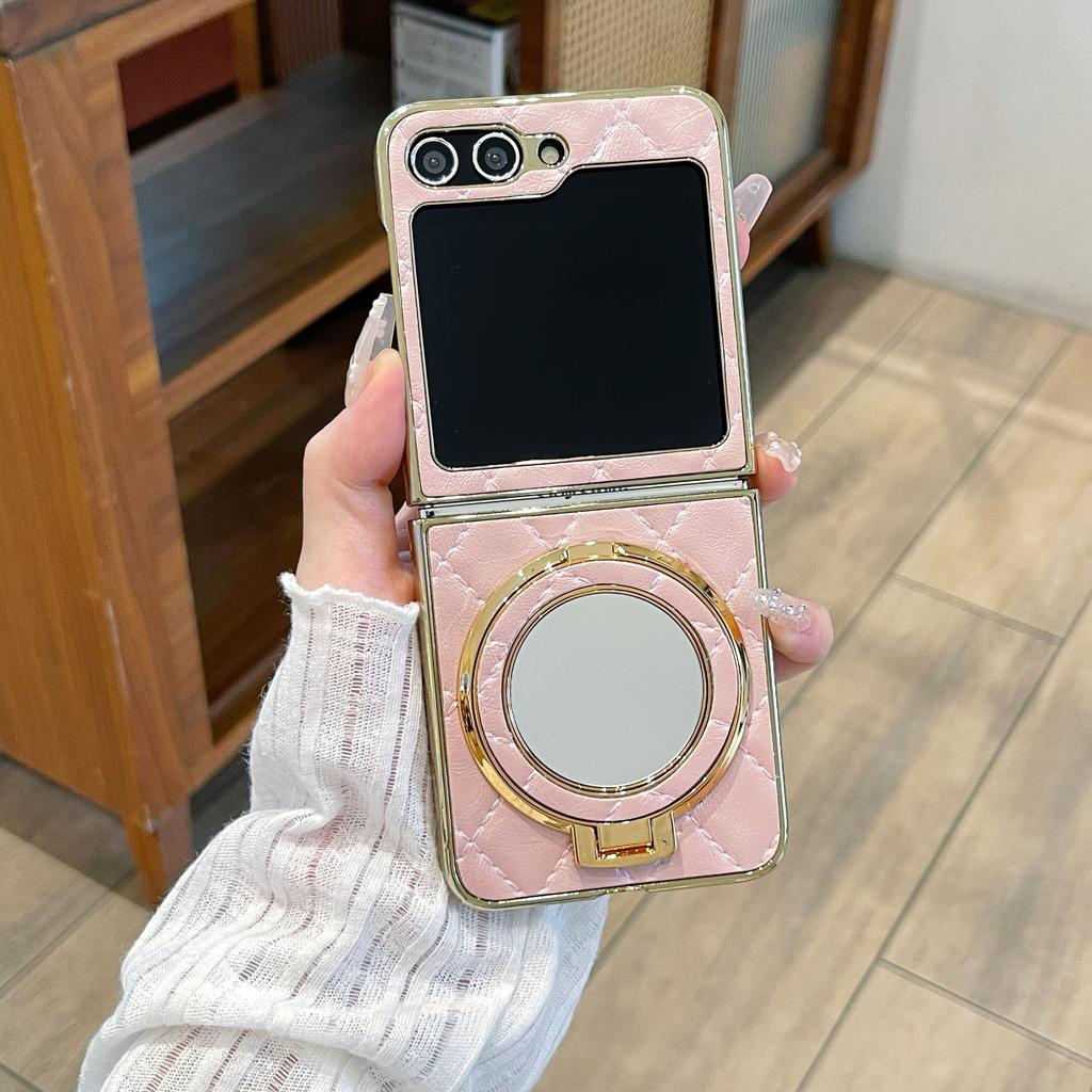 Luxury Cosmetic Mirror Holder Bracket Phone Case For Samsung Galaxy Z Flip 6 5 4 3 ZFlip 3 Cases Leather Cover