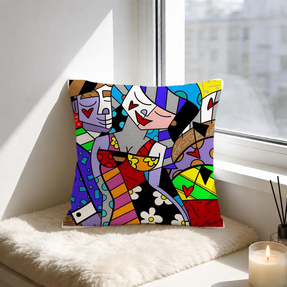 Artist Romero Britto Cushion Cover Natural Linen Pillowcase Set AllinOne Decor for Sofa Bedroom Chair