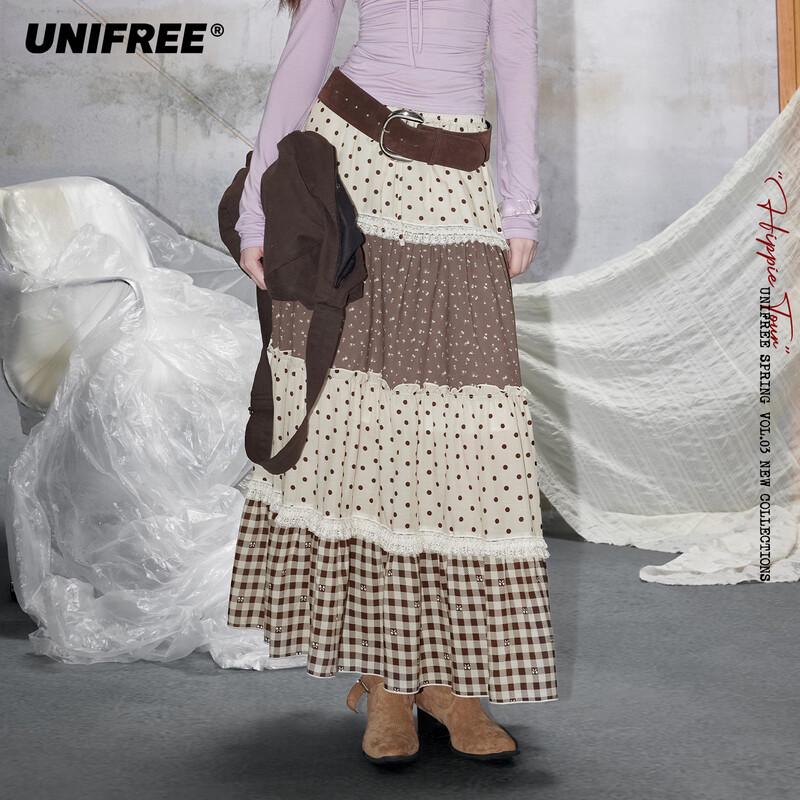 UNIFREE Retro Floral Lace Trim Maxi Skirt M