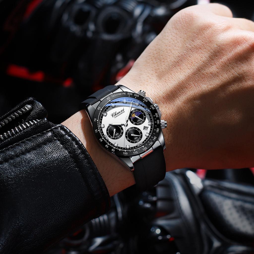 Dawn Explosion Silicone Strap Watch Men'S Three Eyes Six Pins Moon Phase Waterproof Business Casual Men'S Large Dial